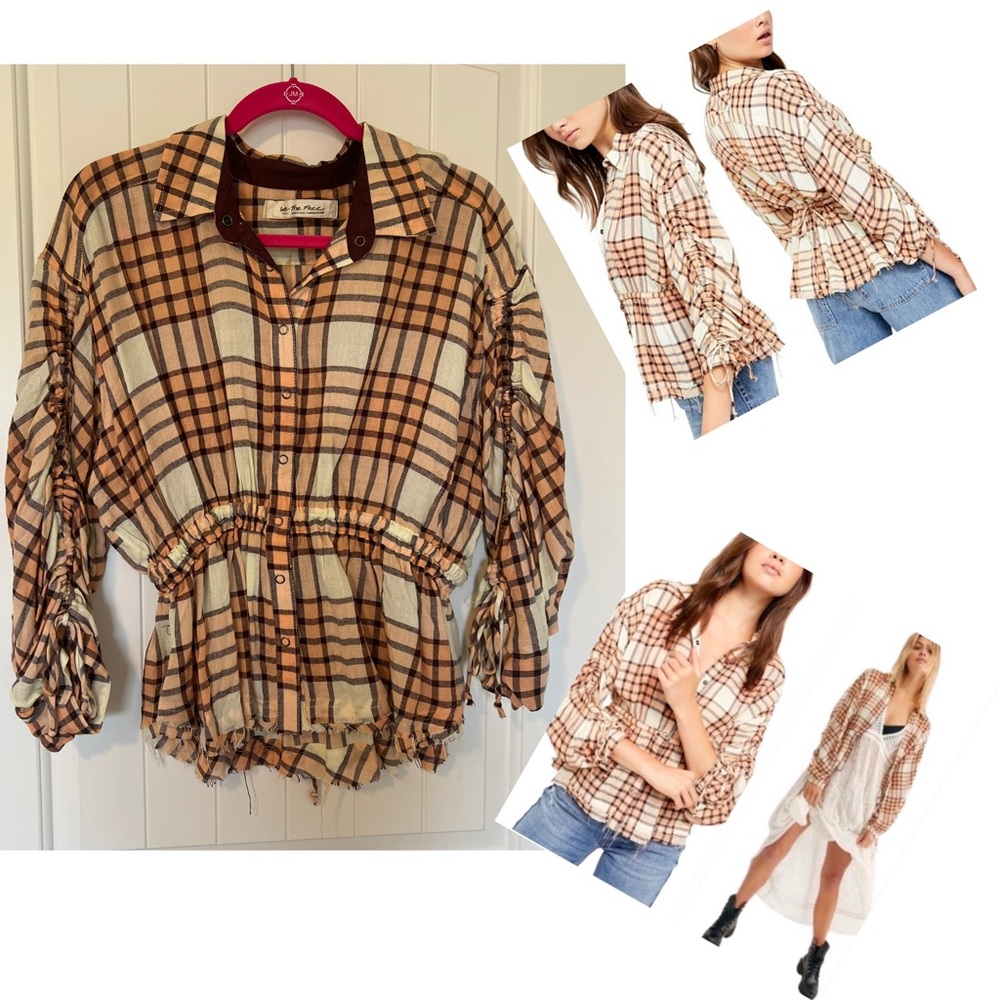 We The Free Plaid Cinched in, Ruffled Fray Top Size S